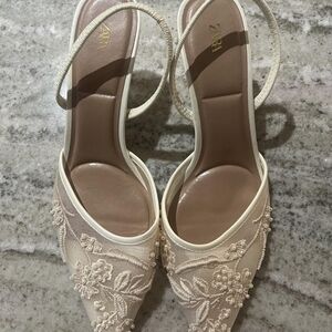 Zara Beige Floral Embroidered Heels